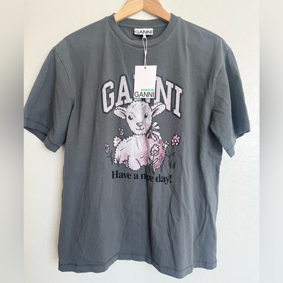 GANNI Lamb Short Sleeve Have a Nice Day T-Shirt in Volcanic Ash Grey size small - Picture 2 of 7